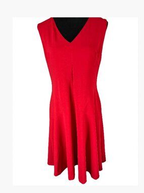 DKNY Red Cocktail Fit and Flare Dress with Deep V-Neckline Size 12 Like New